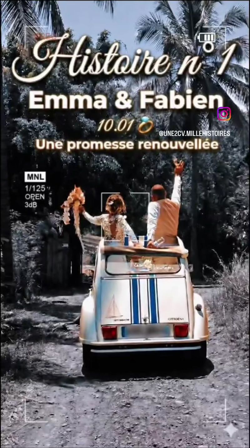 La 2CV des mariés s'éloigne vers l'océan au coucher du soleil à La Réunion