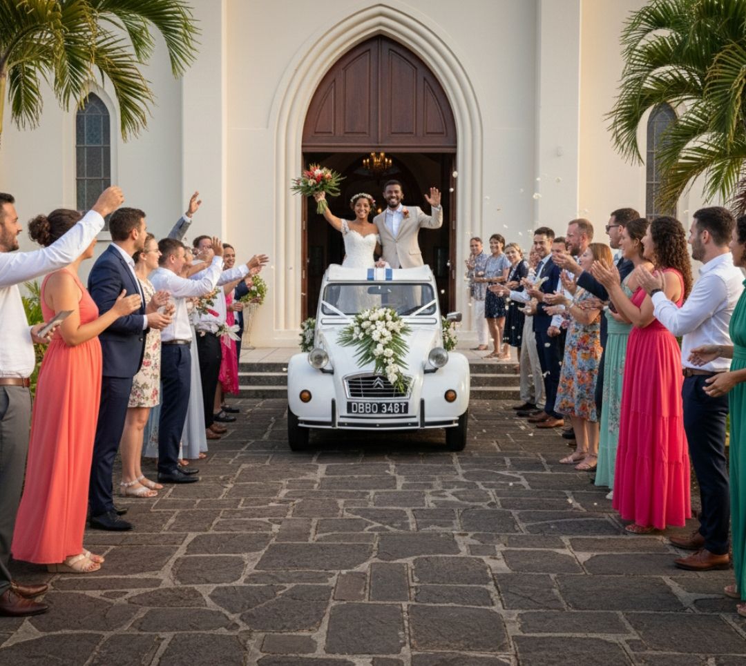 La 2CV décorée pour un mariage à La Réunion