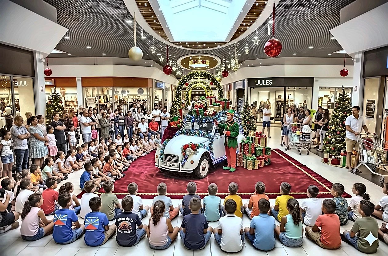 2CV de collection décorée pour Noël, en scène devant un public nombreux