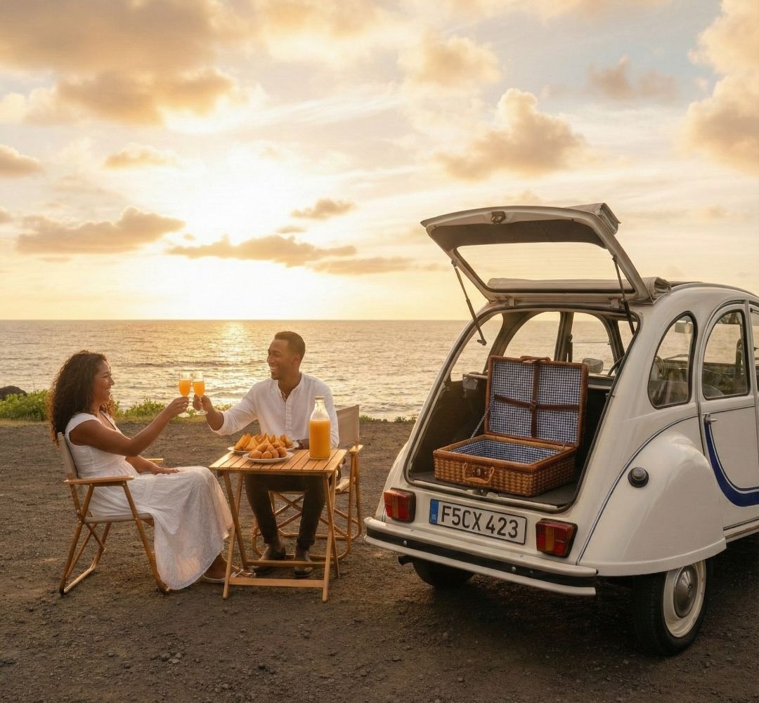 Un couple près de la 2CV face à l'océan au coucher du soleil