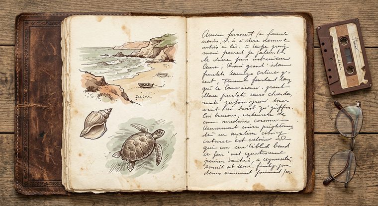 Carnet de route ouvert, croquis et indices manuscrits
