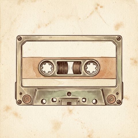 Une cassette audio ancienne, dessinée à l'encre sépia