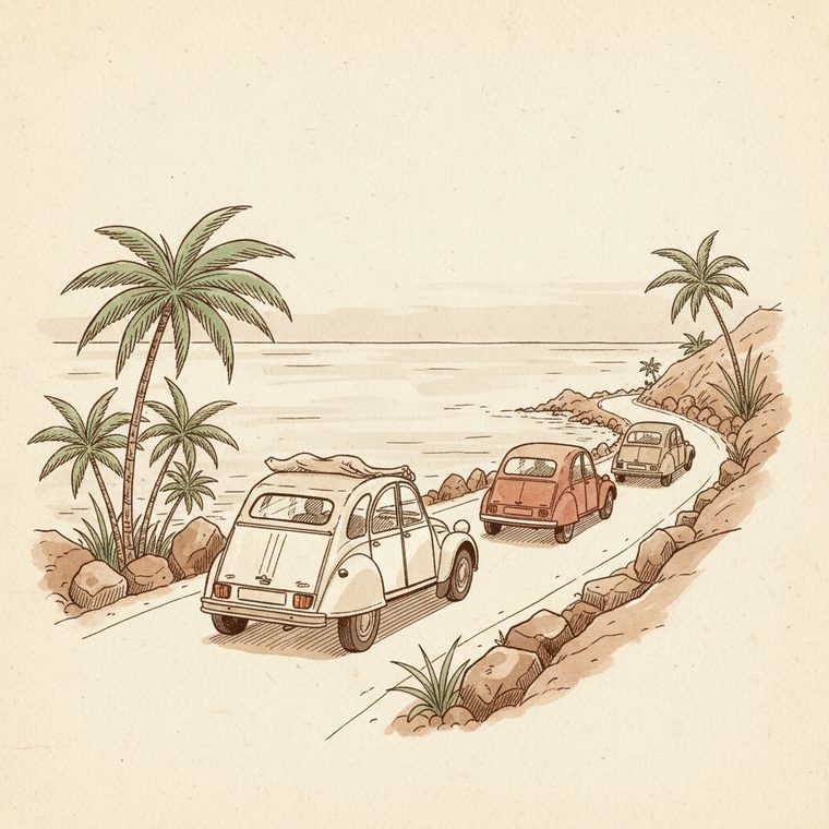 Dessin à l'encre : la 2CV blanche ouvre la route sur la côte, deux voitures la suivent à distance.