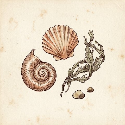 Coquillages et galets de bord de mer, dessin sépia