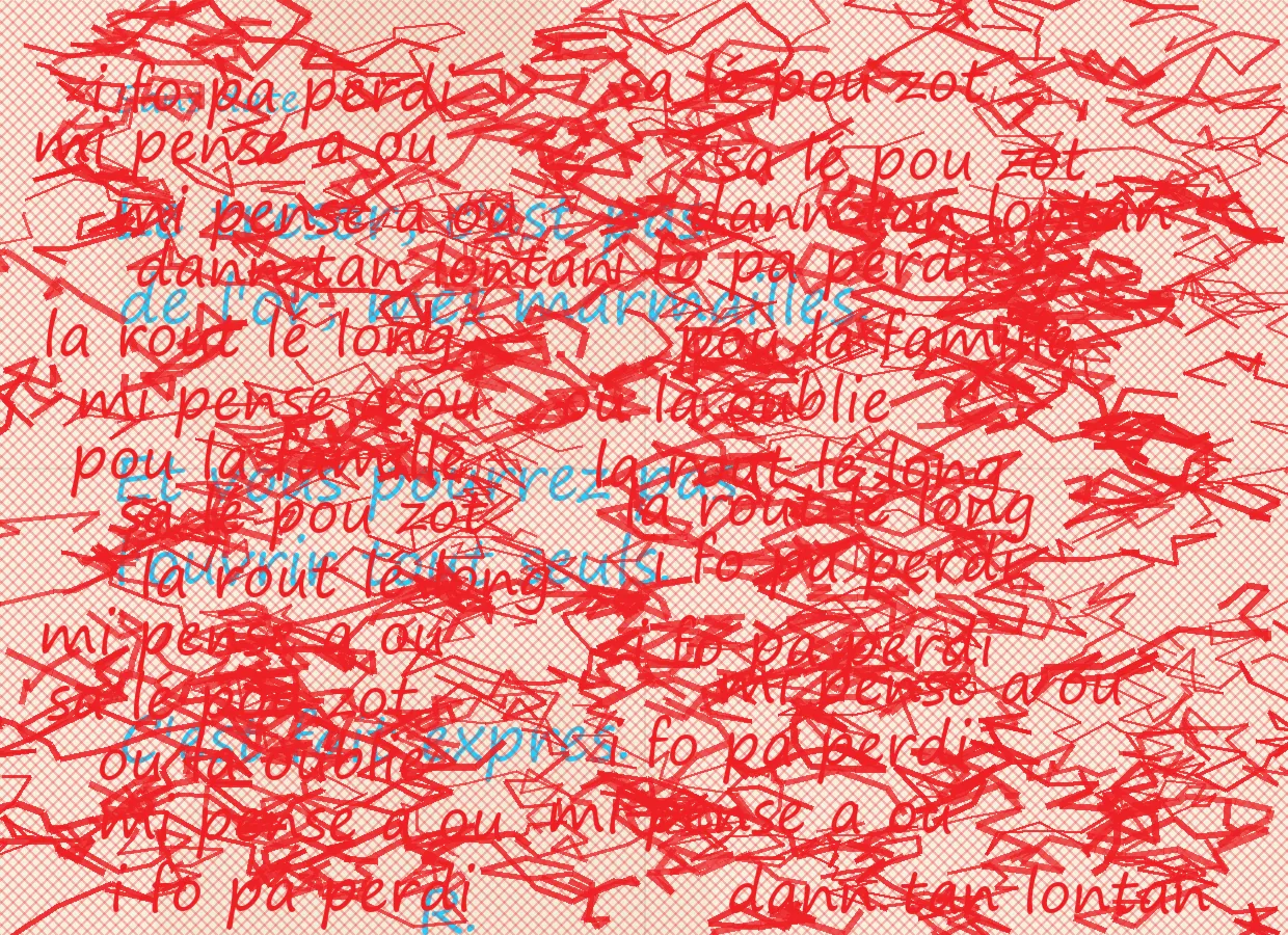 Une lettre manuscrite couverte de gribouillis rouges qui rendent le texte illisible