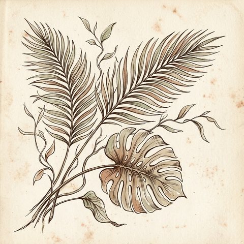 Feuillage tropical dessiné à l'encre sépia