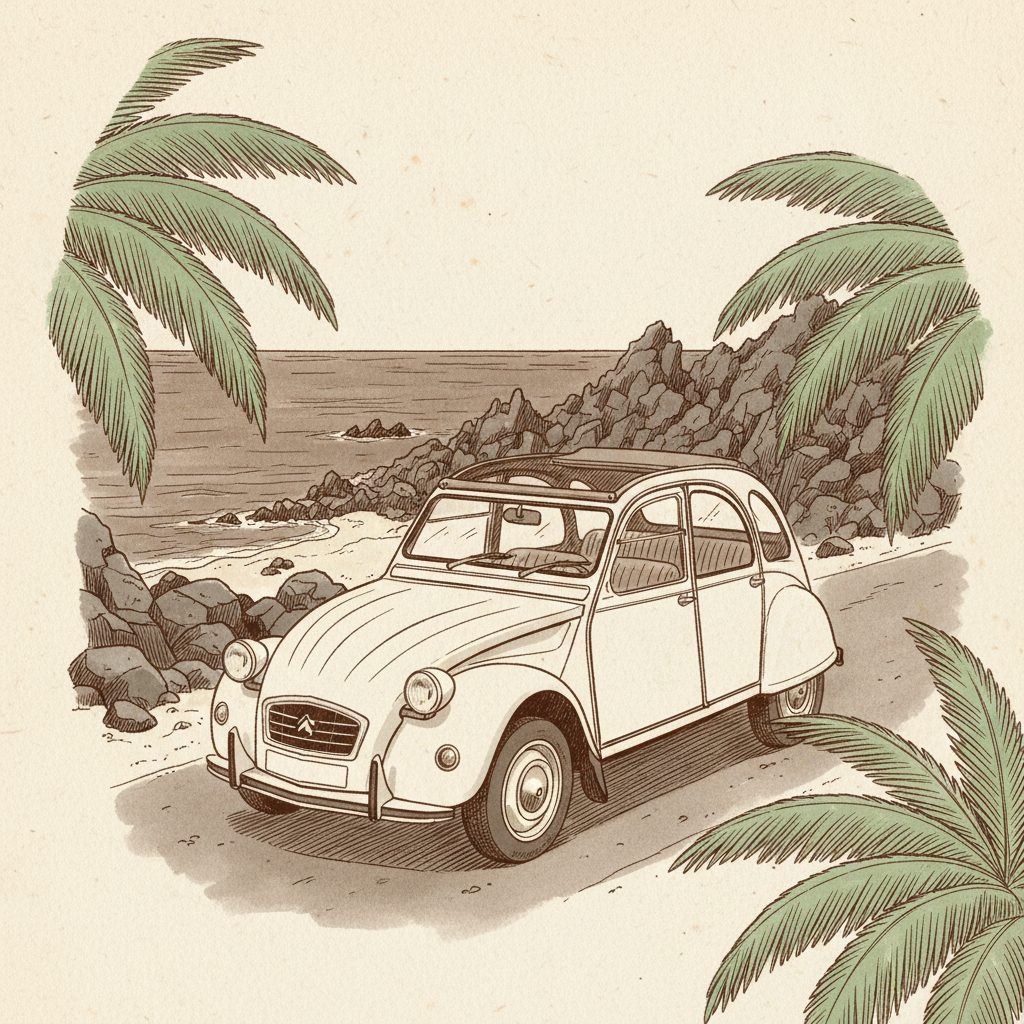 Illustration à l'encre de la 2CV blanche garée sur une route côtière bordée de rochers de basalte et de palmiers
