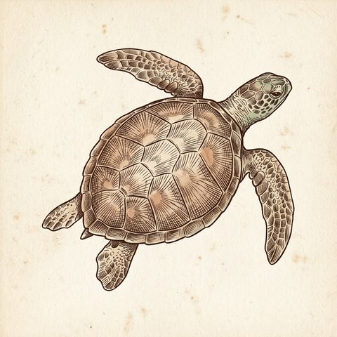 Une tortue marine vue de dessus, dessin sépia